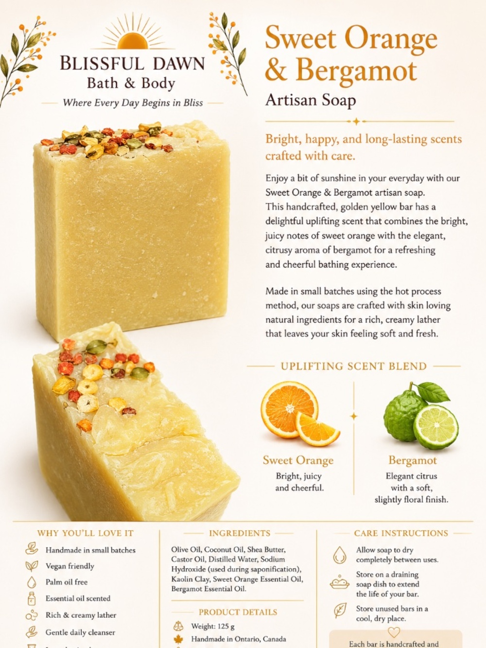 SWEET ORANGE & BERGAMOT Handmade Soap 140g, Free Soap Dish w/ purchase of 3 bars